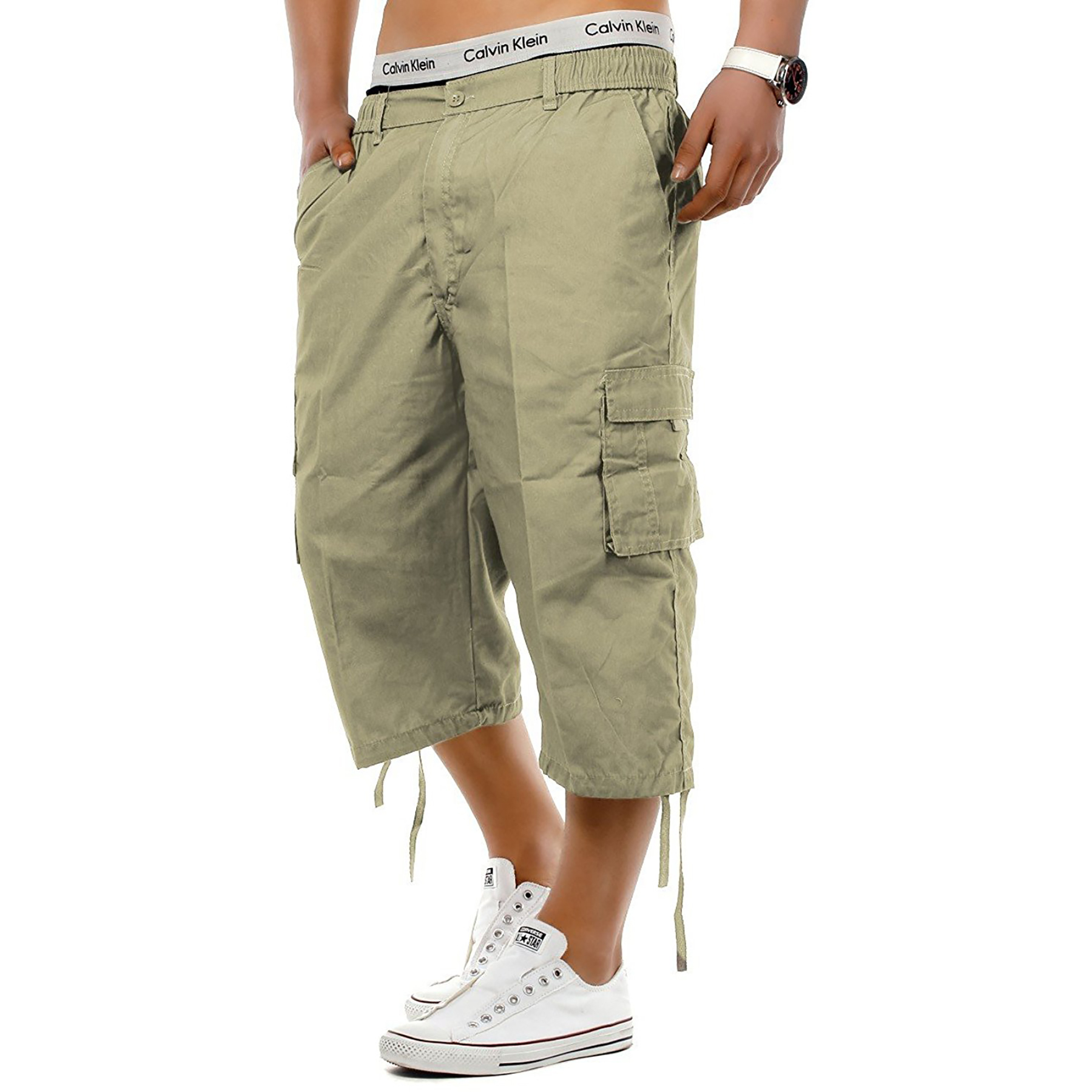 New Mens Plain Summer Elasticated Shorts 7 Pockets Zip Fly Cargo Combat Pants 