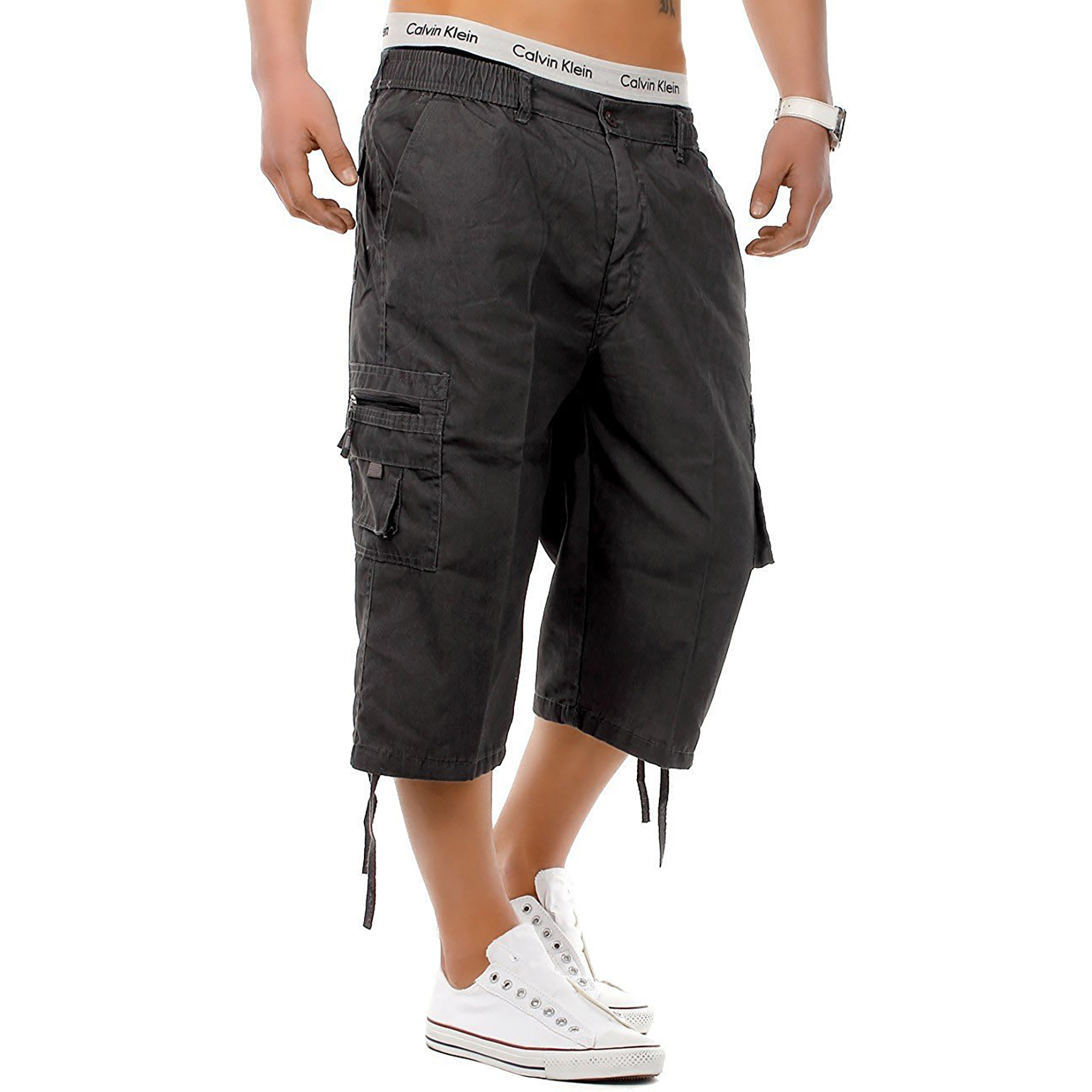 New Mens 3/4 Shorts Elasticated Waist Cargo Combat Long Knee Length Cotton Pants