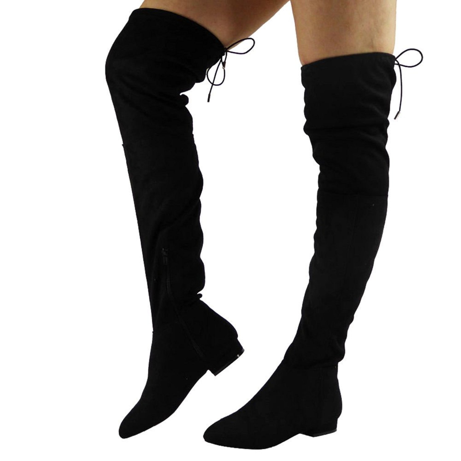 black thigh high boots low heel